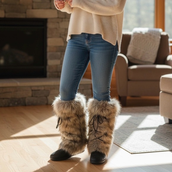 💯NWOT Women's Luxe OSCAR SPORTBlack and Tan Fur Winter Boots 🤩 - Picture 3 of 12